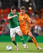 10 September 2023; Jason Knight of Republic of Ireland in action against Mats Wieffer of Netherlands during the UEFA EURO 2024 Championship qualifying group B match between Republic of Ireland and Netherlands at the Aviva Stadium in Dublin. Photo by Sam Barnes/Sportsfile