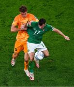 10 September 2023; Jason Knight of Republic of Ireland in action against Mats Wieffer of Netherlands during the UEFA EURO 2024 Championship qualifying group B match between Republic of Ireland and Netherlands at the Aviva Stadium in Dublin. Photo by Ben McShane/Sportsfile