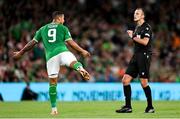 10 September 2023; Adam Idah of Republic of Ireland protests to referee Irfan Peljto during the UEFA EURO 2024 Championship qualifying group B match between Republic of Ireland and Netherlands at the Aviva Stadium in Dublin. Photo by Stephen McCarthy/Sportsfile
