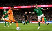 10 September 2023; Denzel Dumfries of Netherlands in action against James McClean of Republic of Ireland during the UEFA EURO 2024 Championship qualifying group B match between Republic of Ireland and Netherlands at the Aviva Stadium in Dublin. Photo by Sam Barnes/Sportsfile