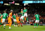 10 September 2023; Shane Duffy of Republic of Ireland heads the ball clear during the UEFA EURO 2024 Championship qualifying group B match between Republic of Ireland and Netherlands at the Aviva Stadium in Dublin. Photo by Michael P Ryan/Sportsfile