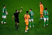 10 September 2023; Referee Irfan Peljto issues yellow cards to Jason Knight of Republic of Ireland and Cody Gakpo of Netherlands during the UEFA EURO 2024 Championship qualifying group B match between Republic of Ireland and Netherlands at the Aviva Stadium in Dublin. Photo by Ben McShane/Sportsfile