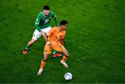 10 September 2023; Cody Gakpo of Netherlands in action against Matt Doherty of Republic of Ireland during the UEFA EURO 2024 Championship qualifying group B match between Republic of Ireland and Netherlands at the Aviva Stadium in Dublin. Photo by Ben McShane/Sportsfile