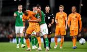 10 September 2023; Jason Knight of Republic of Ireland tussles with Cody Gakpo of Netherlands during the UEFA EURO 2024 Championship qualifying group B match between Republic of Ireland and Netherlands at the Aviva Stadium in Dublin. Photo by Stephen McCarthy/Sportsfile