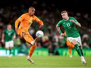 10 September 2023; Donyell Malen of Netherlands in action against James McClean of Republic of Ireland during the UEFA EURO 2024 Championship qualifying group B match between Republic of Ireland and Netherlands at the Aviva Stadium in Dublin. Photo by Michael P Ryan/Sportsfile