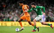 10 September 2023; Cody Gakpo of Netherlands in action against Matt Doherty of Republic of Ireland during the UEFA EURO 2024 Championship qualifying group B match between Republic of Ireland and Netherlands at the Aviva Stadium in Dublin. Photo by Sam Barnes/Sportsfile