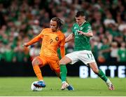 10 September 2023; Xavi Simons of Netherlands in action against Jason Knight of Republic of Ireland during the UEFA EURO 2024 Championship qualifying group B match between Republic of Ireland and Netherlands at the Aviva Stadium in Dublin. Photo by Michael P Ryan/Sportsfile