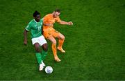 10 September 2023; Festy Ebosele of Republic of Ireland in action against Teun Koopmeiners of Netherlands during the UEFA EURO 2024 Championship qualifying group B match between Republic of Ireland and Netherlands at the Aviva Stadium in Dublin. Photo by Ben McShane/Sportsfile