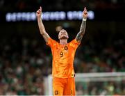 10 September 2023; Wout Weghorst of Netherlands celebrates at the final whistle during the UEFA EURO 2024 Championship qualifying group B match between Republic of Ireland and Netherlands at the Aviva Stadium in Dublin. Photo by Michael P Ryan/Sportsfile