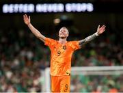 10 September 2023; Wout Weghorst of Netherlands celebrates at the final whistle during the UEFA EURO 2024 Championship qualifying group B match between Republic of Ireland and Netherlands at the Aviva Stadium in Dublin. Photo by Michael P Ryan/Sportsfile