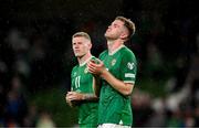 10 September 2023; Nathan Collins of Republic of Ireland, right, and team-mate James McClean after the UEFA EURO 2024 Championship qualifying group B match between Republic of Ireland and Netherlands at the Aviva Stadium in Dublin. Photo by Stephen McCarthy/Sportsfile