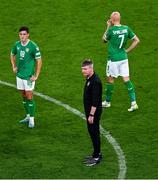10 September 2023; Republic of Ireland manager Stephen Kenny with Jamie McGrath, left, and Will Smallbone after the UEFA EURO 2024 Championship qualifying group B match between Republic of Ireland and Netherlands at the Aviva Stadium in Dublin. Photo by Ben McShane/Sportsfile