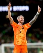 10 September 2023; Wout Weghorst of Netherlands celebrates at the final whistle of the UEFA EURO 2024 Championship qualifying group B match between Republic of Ireland and Netherlands at the Aviva Stadium in Dublin. Photo by Michael P Ryan/Sportsfile