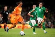 10 September 2023; Xavi Simons of Netherlands in action against Jamie McGrath of Republic of Ireland during the UEFA EURO 2024 Championship qualifying group B match between Republic of Ireland and Netherlands at the Aviva Stadium in Dublin. Photo by Michael P Ryan/Sportsfile