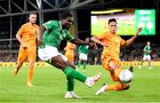 10 September 2023; Festy Ebosele of Republic of Ireland in action against Tijjani Reijnders of Netherlands during the UEFA EURO 2024 Championship qualifying group B match between Republic of Ireland and Netherlands at the Aviva Stadium in Dublin. Photo by Stephen McCarthy/Sportsfile
