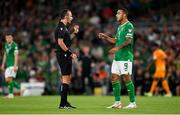 10 September 2023; Referee Irfan Peljto talks to Adam Idah of Republic of Ireland during the UEFA EURO 2024 Championship qualifying group B match between Republic of Ireland and Netherlands at the Aviva Stadium in Dublin. Photo by Seb Daly/Sportsfile
