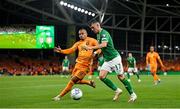 10 September 2023; Jason Knight of Republic of Ireland in action against Donyell Malen of Netherlands during the UEFA EURO 2024 Championship qualifying group B match between Republic of Ireland and Netherlands at the Aviva Stadium in Dublin. Photo by Seb Daly/Sportsfile