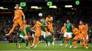 10 September 2023; John Egan of Republic of Ireland in action against Netherlands players Donyell Malen, left, and Denzel Dumfries during the UEFA EURO 2024 Championship qualifying group B match between Republic of Ireland and Netherlands at the Aviva Stadium in Dublin. Photo by Seb Daly/Sportsfile