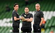 10 September 2023; Republic of Ireland coach Keith Andrews, left, coach Stephen Rice, centre, and goalkeeping coach Dean Kiely before the UEFA EURO 2024 Championship qualifying group B match between Republic of Ireland and Netherlands at the Aviva Stadium in Dublin. Photo by Seb Daly/Sportsfile