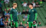 10 September 2023; Republic of Ireland goalkeepers Caoimhin Kelleher, left, and Max O'Leary before the UEFA EURO 2024 Championship qualifying group B match between Republic of Ireland and Netherlands at the Aviva Stadium in Dublin. Photo by Seb Daly/Sportsfile