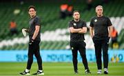 10 September 2023; Republic of Ireland coach Keith Andrews, left, coach Stephen Rice, centre, and goalkeeping coach Dean Kiely before the UEFA EURO 2024 Championship qualifying group B match between Republic of Ireland and Netherlands at the Aviva Stadium in Dublin. Photo by Seb Daly/Sportsfile