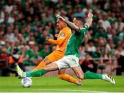 10 September 2023; Donyell Malen of Netherlands in action against Shane Duffy of Republic of Ireland during the UEFA EURO 2024 Championship qualifying group B match between Republic of Ireland and Netherlands at the Aviva Stadium in Dublin. Photo by Michael P Ryan/Sportsfile