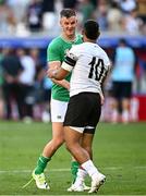 9 September 2023; Jonathan Sexton of Ireland and Hinckley Vaovasa of Romania shake hands after the 2023 Rugby World Cup Pool B match between Ireland and Romania at Stade de Bordeaux in Bordeaux, France. Photo by Harry Murphy/Sportsfile