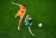 10 September 2023; Jason Knight of Republic of Ireland and Mats Wieffer of Netherlands during the UEFA EURO 2024 Championship qualifying group B match between Republic of Ireland and Netherlands at the Aviva Stadium in Dublin. Photo by Ben McShane/Sportsfile