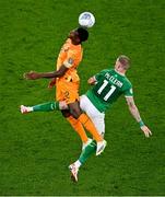 10 September 2023; Denzel Dumfries of Netherlands and James McClean of Republic of Ireland during the UEFA EURO 2024 Championship qualifying group B match between Republic of Ireland and Netherlands at the Aviva Stadium in Dublin. Photo by Ben McShane/Sportsfile