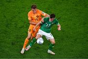 10 September 2023; Jason Knight of Republic of Ireland and Mats Wieffer of Netherlands during the UEFA EURO 2024 Championship qualifying group B match between Republic of Ireland and Netherlands at the Aviva Stadium in Dublin. Photo by Ben McShane/Sportsfile