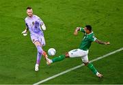 10 September 2023; Netherlands goalkeeper Mark Flekken and Adam Idah of Republic of Ireland during the UEFA EURO 2024 Championship qualifying group B match between Republic of Ireland and Netherlands at the Aviva Stadium in Dublin. Photo by Ben McShane/Sportsfile