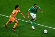 10 September 2023; Adam Idah of Republic of Ireland and Nathan Aké of Netherlands during the UEFA EURO 2024 Championship qualifying group B match between Republic of Ireland and Netherlands at the Aviva Stadium in Dublin. Photo by Ben McShane/Sportsfile