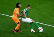 10 September 2023; Adam Idah of Republic of Ireland and Nathan Aké of Netherlands during the UEFA EURO 2024 Championship qualifying group B match between Republic of Ireland and Netherlands at the Aviva Stadium in Dublin. Photo by Ben McShane/Sportsfile