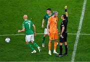 10 September 2023; Referee Irfan Peljto issues a yellow card to Wout Weghorst of Netherlands during the UEFA EURO 2024 Championship qualifying group B match between Republic of Ireland and Netherlands at the Aviva Stadium in Dublin. Photo by Ben McShane/Sportsfile