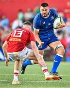 8 September 2023; Max Deegan of Leintser in action against Shane Daly of Munster during the pre-season friendly match between Munster and Leinster at Musgrave Park in Cork. Photo by Sam Barnes/Sportsfile