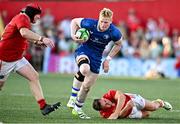 8 September 2023; Jamie Osborne of Leinster in action against Stephen Archer, left, and Tony Butler of Munster during the pre-season friendly match between Munster and Leinster at Musgrave Park in Cork. Photo by Sam Barnes/Sportsfile