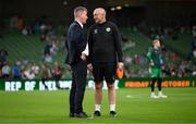 10 September 2023; Republic of Ireland manager Stephen Kenny and athletic therapist Colum O’Neill, right, before the UEFA EURO 2024 Championship qualifying group B match between Republic of Ireland and Netherlands at the Aviva Stadium in Dublin. Photo by Stephen McCarthy/Sportsfile