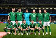 10 September 2023; The Republic of Ireland team, back row, from left, Nathan Collins, Shane Duffy, goalkeeper Gavin Bazunu, Matt Doherty, John Egan and Adam Idah with, front row, Chiedozie Ogbene, Jason Knight, Josh Cullen, Alan Browne and James McClean before the UEFA EURO 2024 Championship qualifying group B match between Republic of Ireland and Netherlands at the Aviva Stadium in Dublin. Photo by Stephen McCarthy/Sportsfile