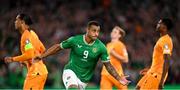 10 September 2023; Adam Idah of Republic of Ireland celebrates after scoring his side's goal, a penalty, during the UEFA EURO 2024 Championship qualifying group B match between Republic of Ireland and Netherlands at the Aviva Stadium in Dublin. Photo by Stephen McCarthy/Sportsfile