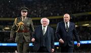 10 September 2023; President of Ireland Michael D Higgins, accompanied by his Aide-De-Camp, and FAI President Gerry McAnaney, right, before the UEFA EURO 2024 Championship qualifying group B match between Republic of Ireland and Netherlands at the Aviva Stadium in Dublin. Photo by Stephen McCarthy/Sportsfile