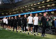 10 September 2023; Republic of Ireland manager Stephen Kenny and his backroom team, from right, coach Keith Andrews, coach John O'Shea, goalkeeping coach Dean Kiely, head of athletic performance Damien Doyle, team doctor Sean Carmody, chartered physiotherapist Kevin Mulholland, chartered physiotherapist Danny Miller, kitman Fergus McNally, STATSports analyst Andrew Morrissey, athletic therapist Sam Rice and athletic therapist Colum O’Neill before the UEFA EURO 2024 Championship qualifying group B match between Republic of Ireland and Netherlands at the Aviva Stadium in Dublin. Photo by Stephen McCarthy/Sportsfile