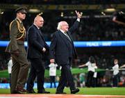10 September 2023; President of Ireland Michael D Higgins, accompanied by his Aide-De-Camp, and FAI President Gerry McAnaney, centre, before the UEFA EURO 2024 Championship qualifying group B match between Republic of Ireland and Netherlands at the Aviva Stadium in Dublin. Photo by Stephen McCarthy/Sportsfile