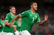 10 September 2023; Adam Idah of Republic of Ireland celebrates after scoring his side's goal, a penalty, during the UEFA EURO 2024 Championship qualifying group B match between Republic of Ireland and Netherlands at the Aviva Stadium in Dublin. Photo by Stephen McCarthy/Sportsfile