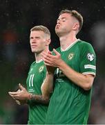 10 September 2023; Nathan Collins, right, and James McClean of Republic of Ireland after the UEFA EURO 2024 Championship qualifying group B match between Republic of Ireland and Netherlands at the Aviva Stadium in Dublin. Photo by Stephen McCarthy/Sportsfile