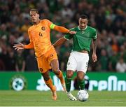 10 September 2023; Adam Idah of Republic of Ireland is tackled by Virgil van Dijk of Netherlands during the UEFA EURO 2024 Championship qualifying group B match between Republic of Ireland and Netherlands at the Aviva Stadium in Dublin. Photo by Stephen McCarthy/Sportsfile