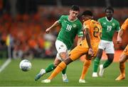 10 September 2023; Jamie McGrath of Republic of Ireland in action against Denzel Dumfries of Netherlands during the UEFA EURO 2024 Championship qualifying group B match between Republic of Ireland and Netherlands at the Aviva Stadium in Dublin. Photo by Stephen McCarthy/Sportsfile