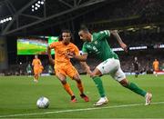 10 September 2023; Adam Idah of Republic of Ireland in action against Nathan Aké of Netherlands during the UEFA EURO 2024 Championship qualifying group B match between Republic of Ireland and Netherlands at the Aviva Stadium in Dublin. Photo by Stephen McCarthy/Sportsfile
