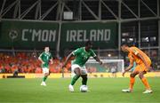 10 September 2023; Festy Ebosele of Republic of Ireland in action against Tijjani Reijnders of Netherlands during the UEFA EURO 2024 Championship qualifying group B match between Republic of Ireland and Netherlands at the Aviva Stadium in Dublin. Photo by Stephen McCarthy/Sportsfile