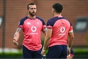 12 September 2023; Mack Hansen speaks to Jimmy O’Brien during an Ireland rugby squad training session at Complexe de la Chambrerie in Tours, France. Photo by Brendan Moran/Sportsfile