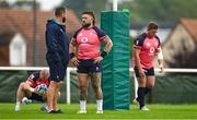 12 September 2023; Head coach Andy Farrell, left, speaks to Andrew Porter during an Ireland rugby squad training session at Complexe de la Chambrerie in Tours, France. Photo by Brendan Moran/Sportsfile